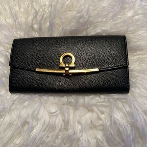 Authentic Salvatore Ferragamo Black LeatherWallet with Gold Accent